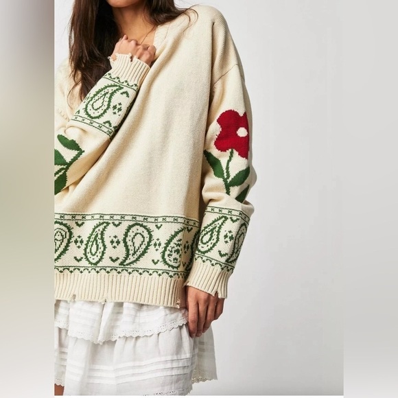Free People Profound Floral Knit Paisley Distressed Sweater Ivory Size XS Y2K - Picture 2 of 10